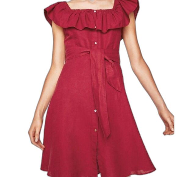 ZARA Linen Berry Red Ruffle Off the Shoulder Belted Mother of Pearl Button Dress - Picture 1 of 13